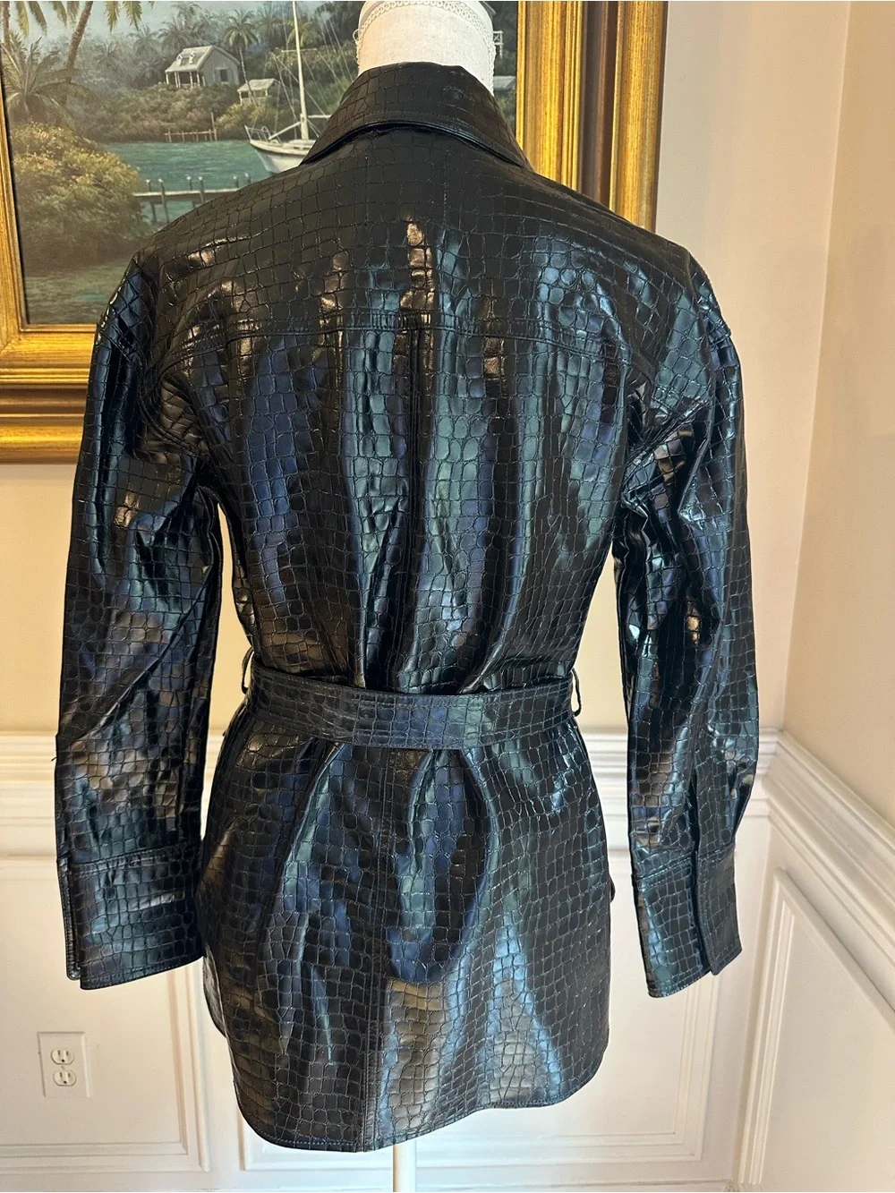 ZARA Black Faux Leather Croc Embossed Shirt Belted Jacket NWT